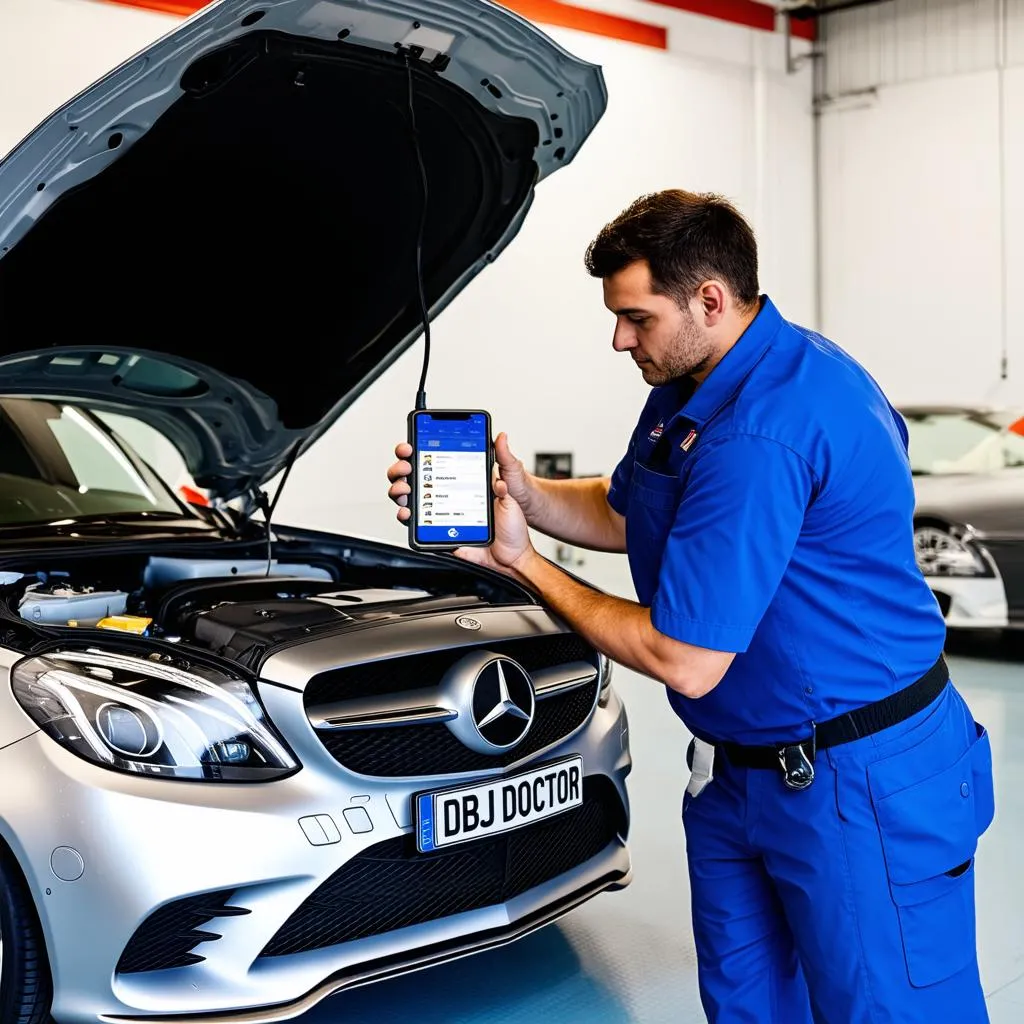 Mechanic diagnosing a car with OBD Doctor